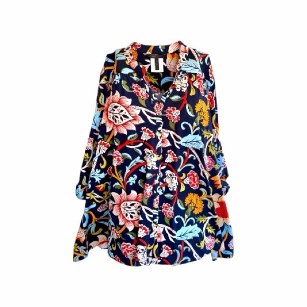 BCBGMAXAZRIA, NWOT, WOMENS, FULL, HI-LOW TOP. A MULTICOLOR FLORAL DESIGN. SIZE L